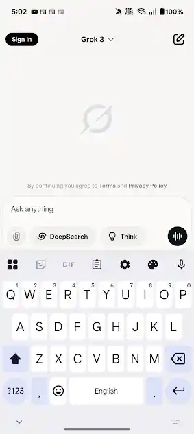 Grok home screen with the Ask anything bar, DeepSearch and Think