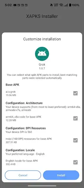Grok APK split-install screen on Android showing the ai.x.grok base package